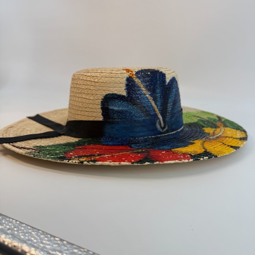 BOHO Hand Painted Artesian Signed Lilly Fedora Hat Floral Artsy SZ Large Ribbon - Picture 3 of 11